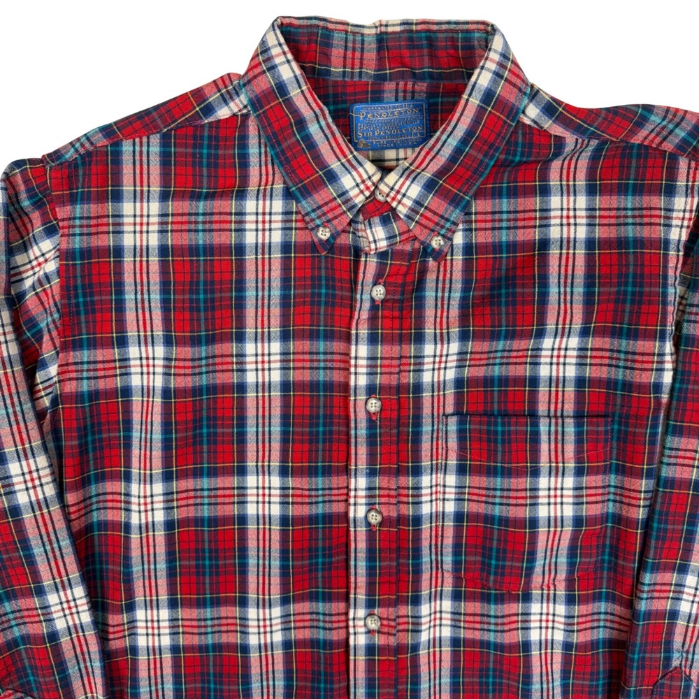 VTG Pendleton Button Down Shirt L 22.5x29.5 Wool Plaid Red Blue Sir Pendleton